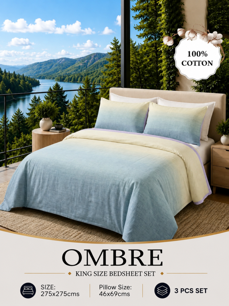 OMBRE Pure Cotton Premium size Bedsheet with 2 Pillow Covers | 300 TC | Textured Print | 108 x 108 Inches | Soft, Breathable, Skin Friendly & Fade Resistant | PVC Packing |