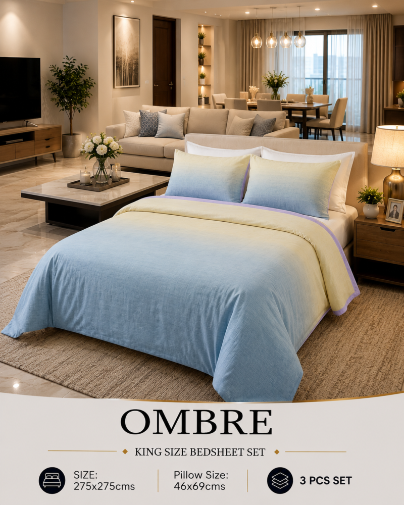 OMBRE Pure Cotton Premium size Bedsheet with 2 Pillow Covers | 300 TC | Textured Print | 108 x 108 Inches | Soft, Breathable, Skin Friendly & Fade Resistant | PVC Packing |