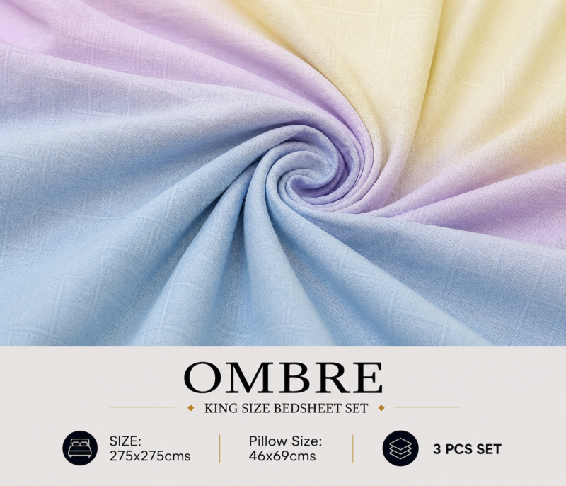 OMBRE Pure Cotton Premium size Bedsheet with 2 Pillow Covers | 300 TC | Textured Print | 108 x 108 Inches | Soft, Breathable, Skin Friendly & Fade Resistant | PVC Packing |