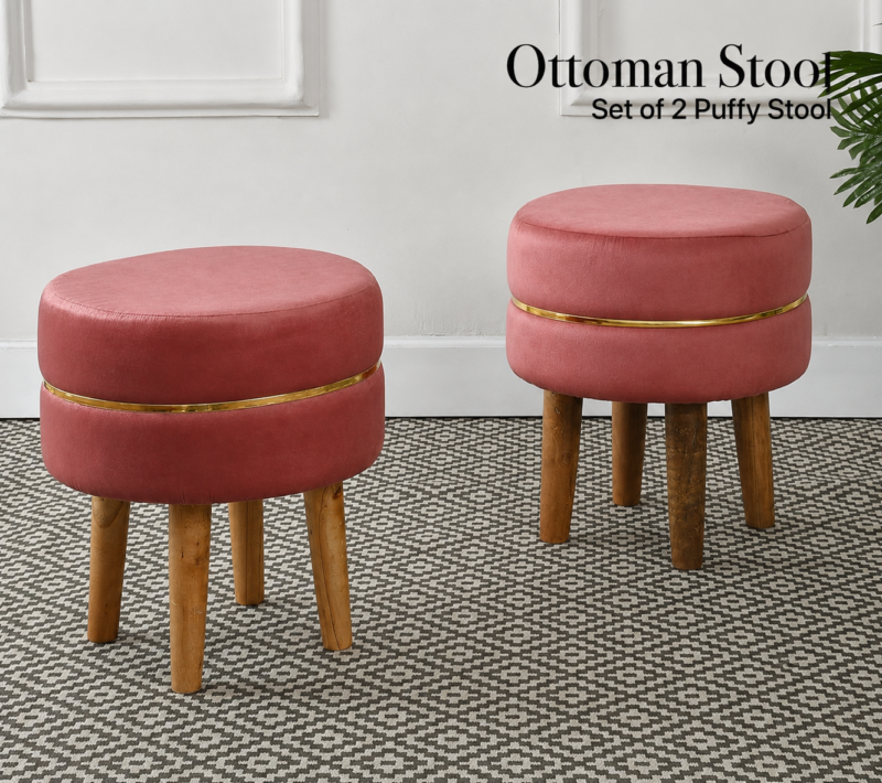 Velvet Ottoman Stool | Round Foot Rest for Living Room | Dressing Table Makeup Stool | Upholstered Puffy Seat with Solid Wood Legs | Bedroom, Vanity & Home Decor | 38 x 38 cm (15 x 15 Inch) Set of 2