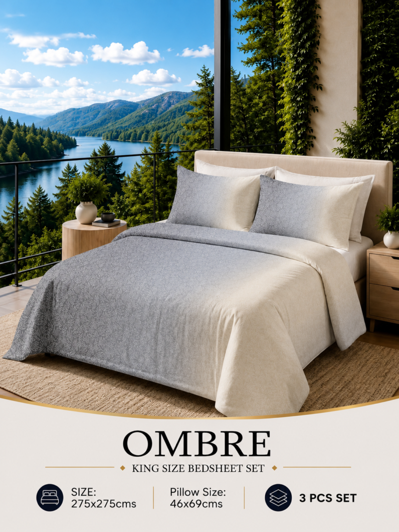 OMBRE Pure Cotton Premium size Bedsheet with 2 Pillow Covers | 300 TC | Textured Print | 108 x 108 Inches | Soft, Breathable, Skin Friendly & Fade Resistant | PVC Packing |