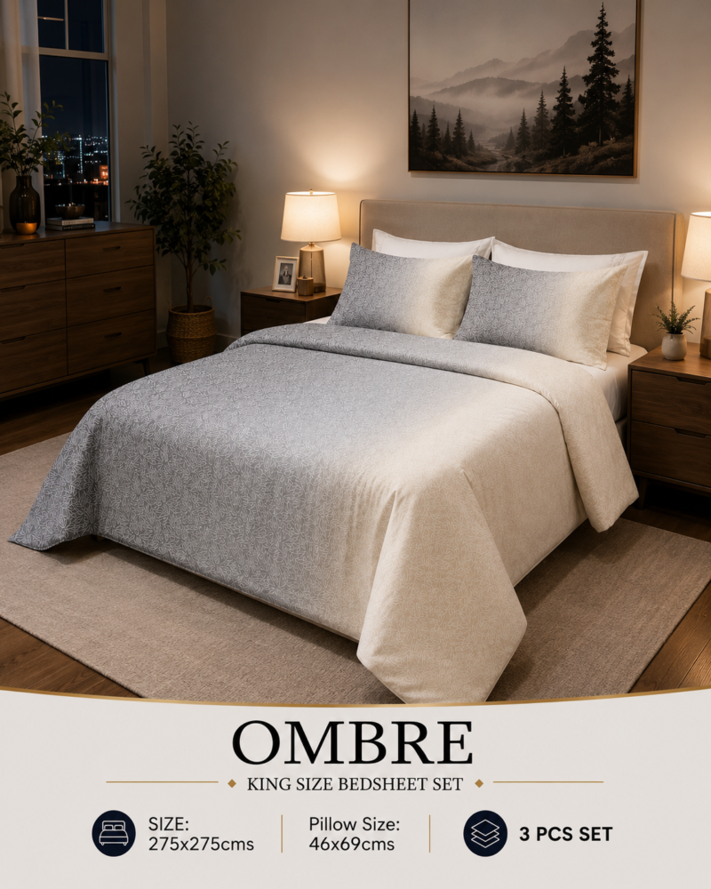 OMBRE Pure Cotton Premium size Bedsheet with 2 Pillow Covers | 300 TC | Textured Print | 108 x 108 Inches | Soft, Breathable, Skin Friendly & Fade Resistant | PVC Packing |