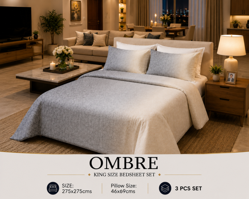 OMBRE Pure Cotton Premium size Bedsheet with 2 Pillow Covers | 300 TC | Textured Print | 108 x 108 Inches | Soft, Breathable, Skin Friendly & Fade Resistant | PVC Packing |
