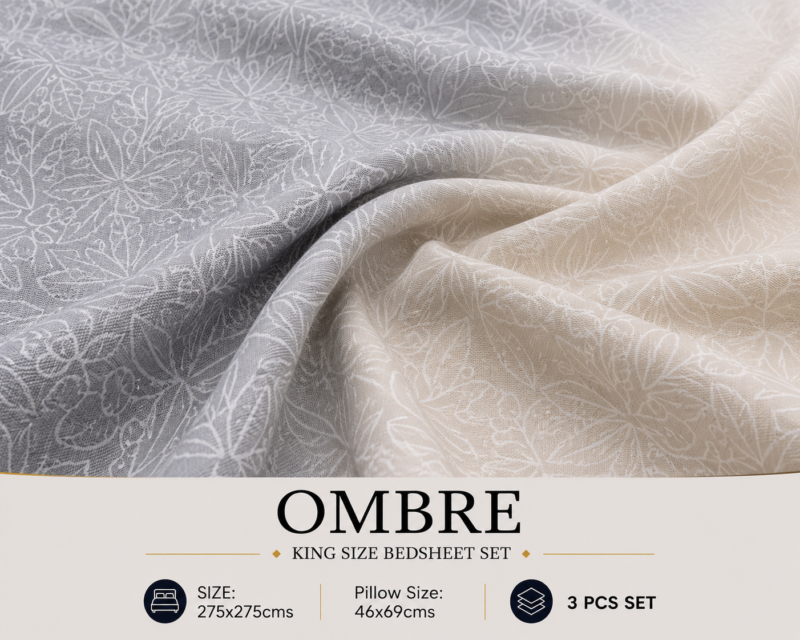 OMBRE Pure Cotton Premium size Bedsheet with 2 Pillow Covers | 300 TC | Textured Print | 108 x 108 Inches | Soft, Breathable, Skin Friendly & Fade Resistant | PVC Packing |