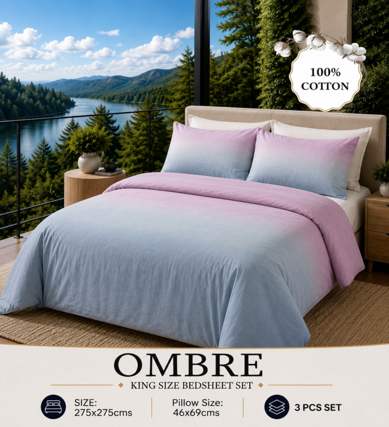 OMBRE Pure Cotton Premium size Bedsheet with 2 Pillow Covers | 300 TC | Textured Print | 108 x 108 Inches | Soft, Breathable, Skin Friendly & Fade Resistant | PVC Packing |