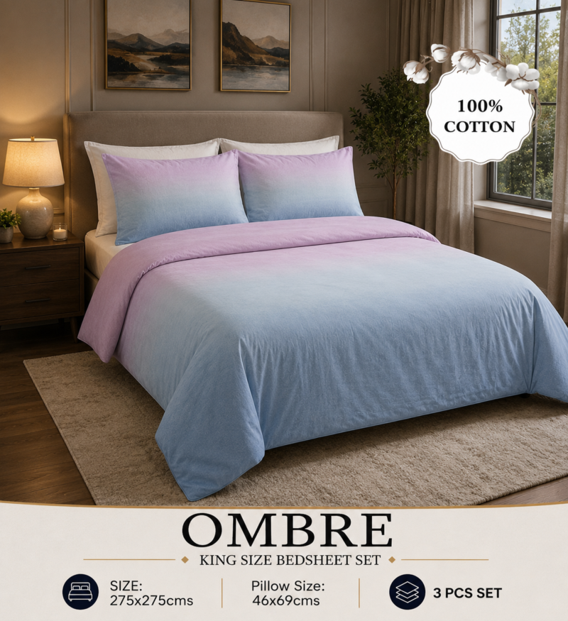 OMBRE Pure Cotton Premium size Bedsheet with 2 Pillow Covers | 300 TC | Textured Print | 108 x 108 Inches | Soft, Breathable, Skin Friendly & Fade Resistant | PVC Packing |