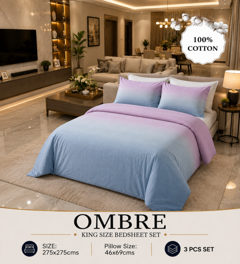 OMBRE Pure Cotton Premium size Bedsheet with 2 Pillow Covers | 300 TC | Textured Print | 108 x 108 Inches | Soft, Breathable, Skin Friendly & Fade Resistant | PVC Packing |