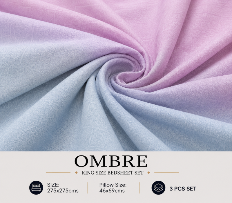 OMBRE Pure Cotton Premium size Bedsheet with 2 Pillow Covers | 300 TC | Textured Print | 108 x 108 Inches | Soft, Breathable, Skin Friendly & Fade Resistant | PVC Packing |