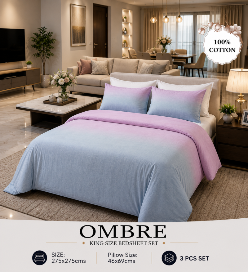 OMBRE Pure Cotton Premium size Bedsheet with 2 Pillow Covers | 300 TC | Textured Print | 108 x 108 Inches | Soft, Breathable, Skin Friendly & Fade Resistant | PVC Packing |