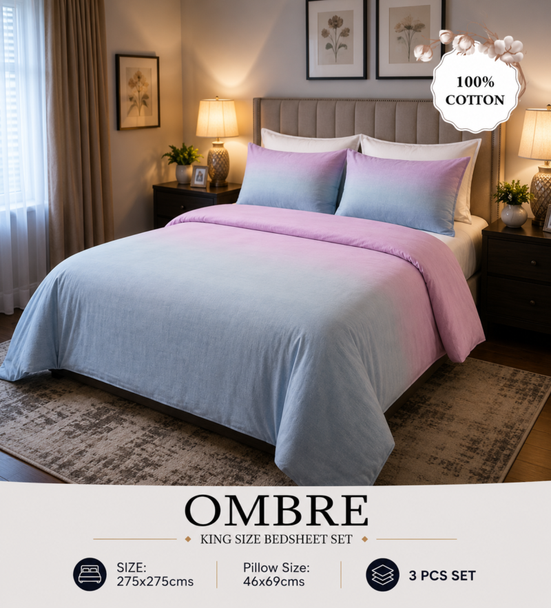 OMBRE Pure Cotton Premium size Bedsheet with 2 Pillow Covers | 300 TC | Textured Print | 108 x 108 Inches | Soft, Breathable, Skin Friendly & Fade Resistant | PVC Packing |
