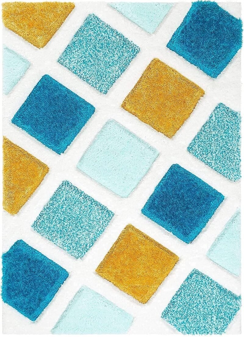 Dollivo Modern Polyester Anti Slip Shaggy Premium Quality Fluffy Rug and Carpet for Living Room, Bedroom, Dining Room, Kitchen, Home Office | Square - Blue White | All Sizes |