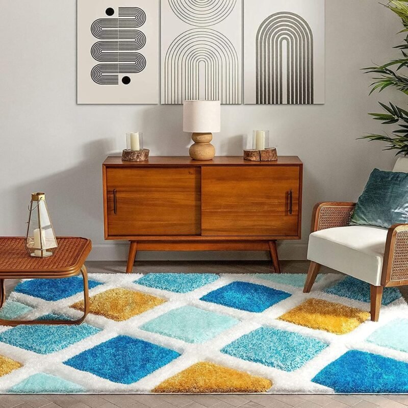 Dollivo Modern Polyester Anti Slip Shaggy Premium Quality Fluffy Rug and Carpet for Living Room, Bedroom, Dining Room, Kitchen, Home Office | Square - Blue White | All Sizes |