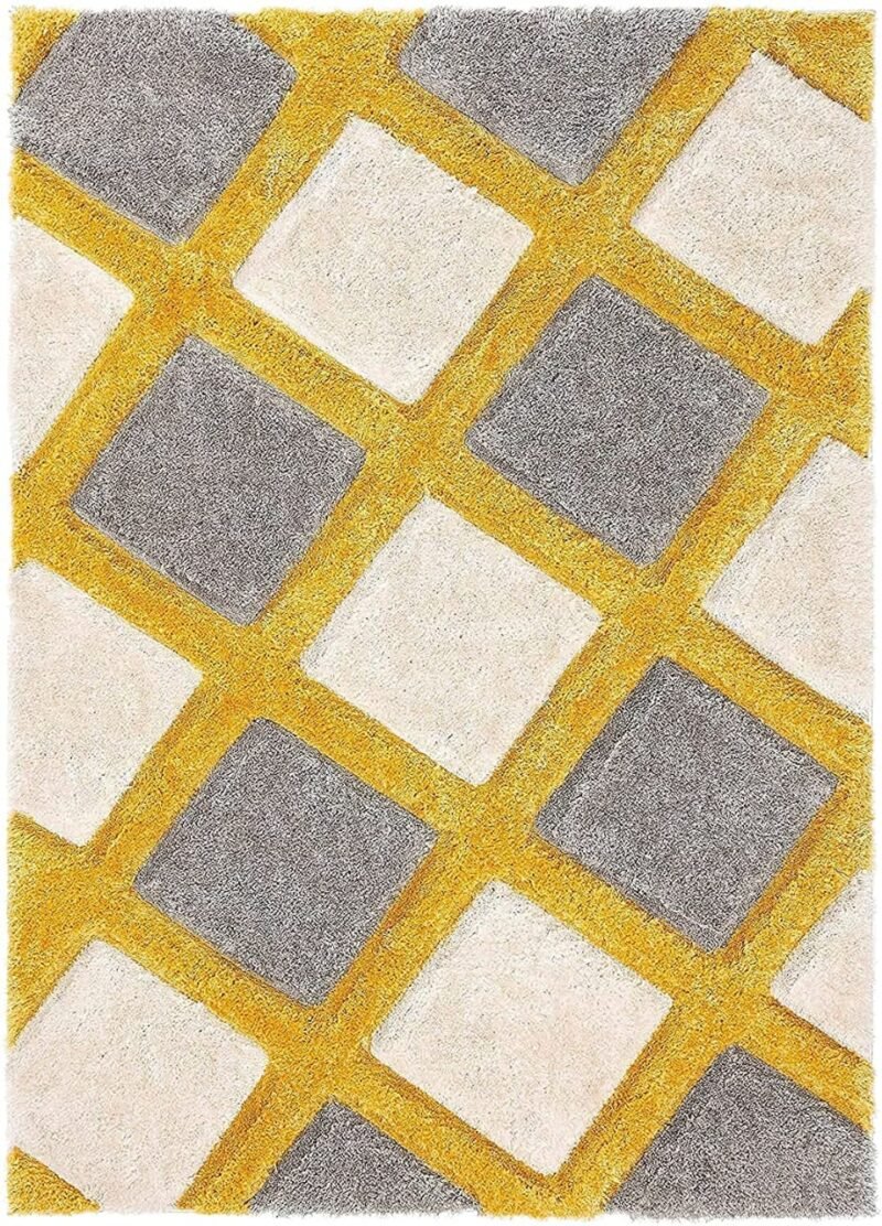 Dollivo Modern Polyester Anti Slip Shaggy Premium Quality Fluffy Rug and Carpet for Living Room, Bedroom, Dining Room, Kitchen, Home Office | Square - Yellow White | All Sizes |