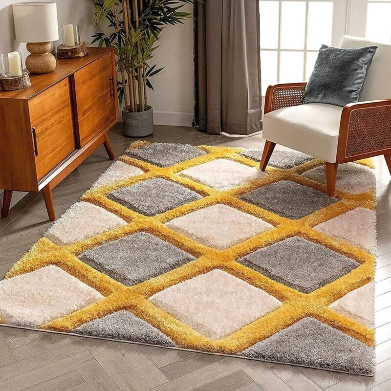 Dollivo Modern Polyester Anti Slip Shaggy Premium Quality Fluffy Rug and Carpet for Living Room, Bedroom, Dining Room, Kitchen, Home Office | Square - Yellow White | All Sizes |