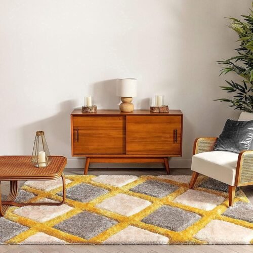 Dollivo Modern Polyester Anti Slip Shaggy Premium Quality Fluffy Rug and Carpet for Living Room, Bedroom, Dining Room, Kitchen, Home Office | Square - Yellow White | All Sizes |