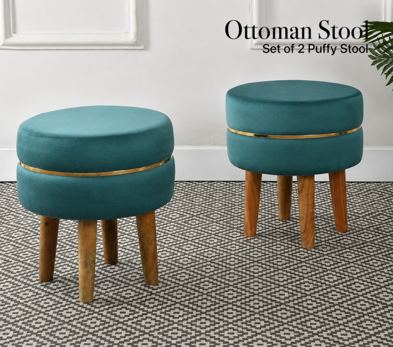 Velvet Ottoman Stool | Round Foot Rest for Living Room | Dressing Table Makeup Stool | Upholstered Puffy Seat with Solid Wood Legs | Bedroom, Vanity & Home Decor | 38 x 38 cm (15 x 15 Inch) Set of 2
