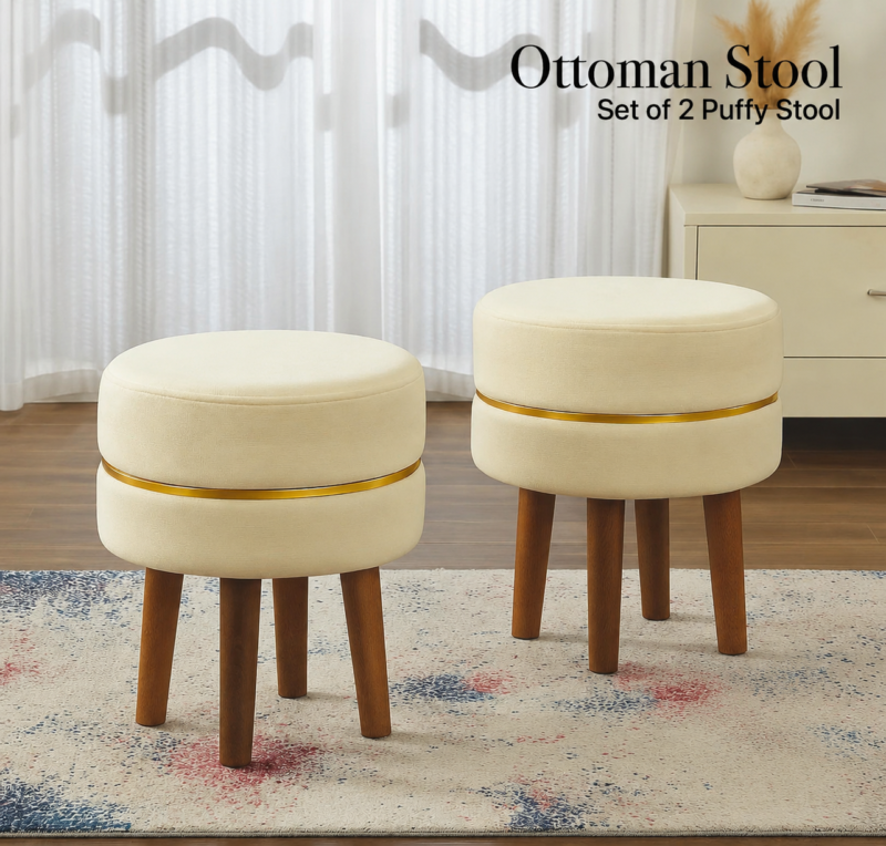Velvet Ottoman Stool | Round Foot Rest for Living Room | Dressing Table Makeup Stool | Upholstered Puffy Seat with Solid Wood Legs | Bedroom, Vanity & Home Decor | 38 x 38 cm (15 x 15 Inch) Set of 2