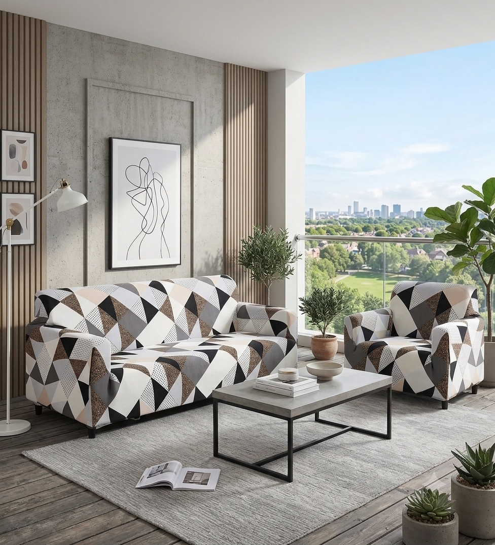 Printed Elastic Stretchable Sofa Cover set - 5 seater - Black & Gold Floral