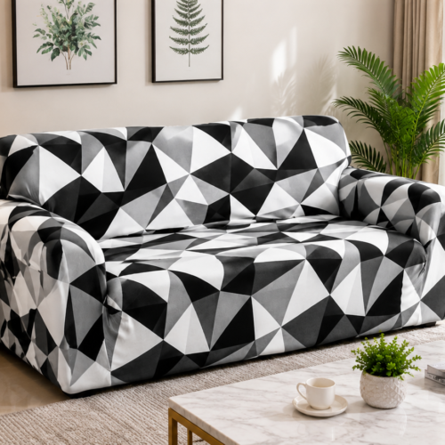 Black & White 103 Printed Elastic Stretchable Sofa Cover set - 5 seater - Black & White Geometric