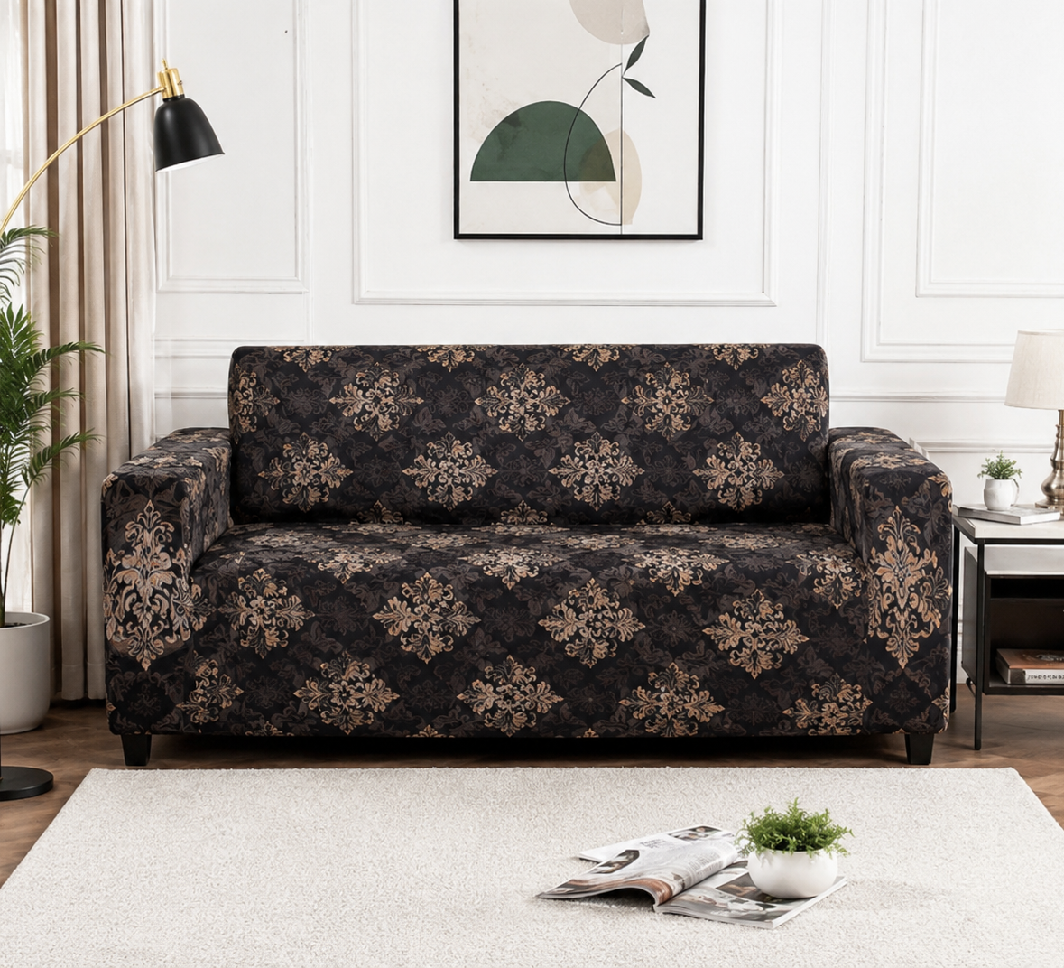 Printed Elastic Stretchable Sofa Cover set - 5 seater - Golden Beige Abstract - Image 2