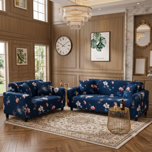 Navy Blue Floral 110 Printed Elastic Stretchable Sofa Cover set - 5 seater - Navy Blue Floral