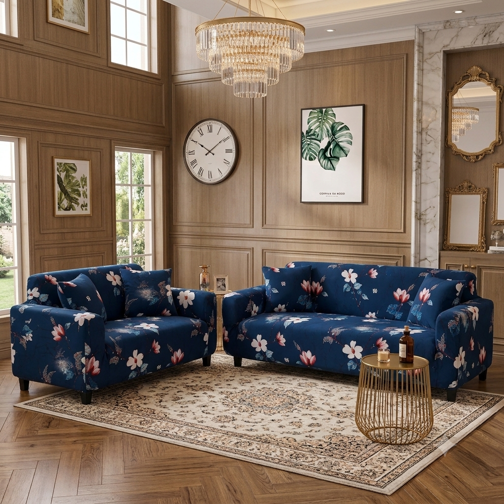 Printed Elastic Stretchable Sofa Cover set - 5 seater - Navy Blue Floral